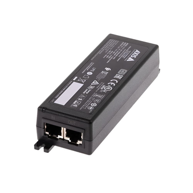 AXIS 30 W Midspan (02246-001) compact black 1-port PoE+ injector for indoor network device power.