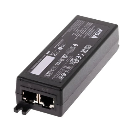 Front view of the black AXIS 30W Midspan 1-port PoE+ injector showing status indicator LEDs and ethernet ports.