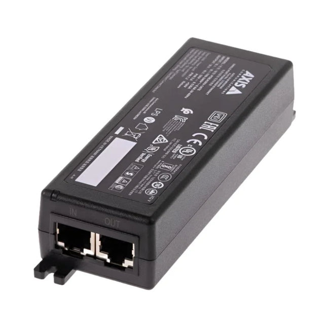Front view of the black AXIS 30W Midspan 1-port PoE+ injector showing status indicator LEDs and ethernet ports.