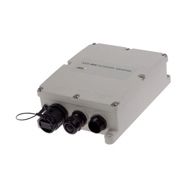 AXIS 30 W outdoor High PoE midspan power injector in IP66 weather-resistant white housing.