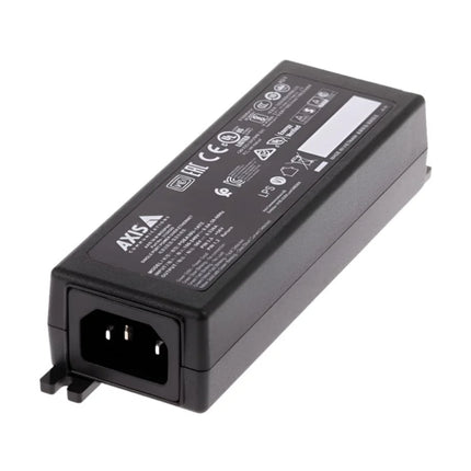Angled side view of the compact AXIS 30W 1-port PoE injector (part 02246-001) showing its durable black housing.