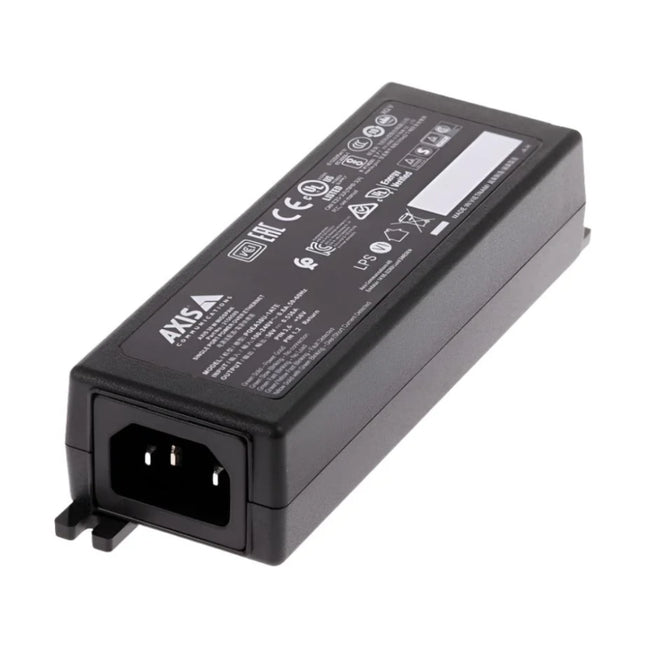 Angled side view of the compact AXIS 30W 1-port PoE injector (part 02246-001) showing its durable black housing.