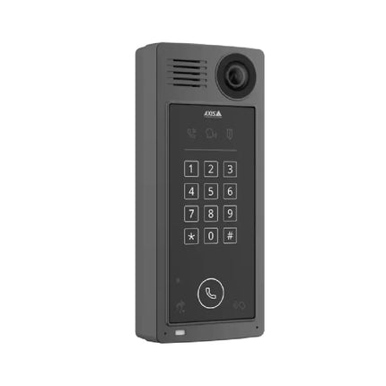Outdoor commercial installation of the vandal-resistant, IP66-rated AXIS A8207-VE Mk II door station alongside an entryway.