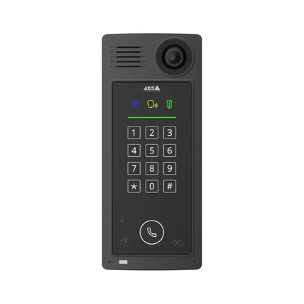Front angle view of the AXIS A8207-VE Mk II Network Video Door Station highlighting its integrated keypad, RFID reader, and 6 MP camera.