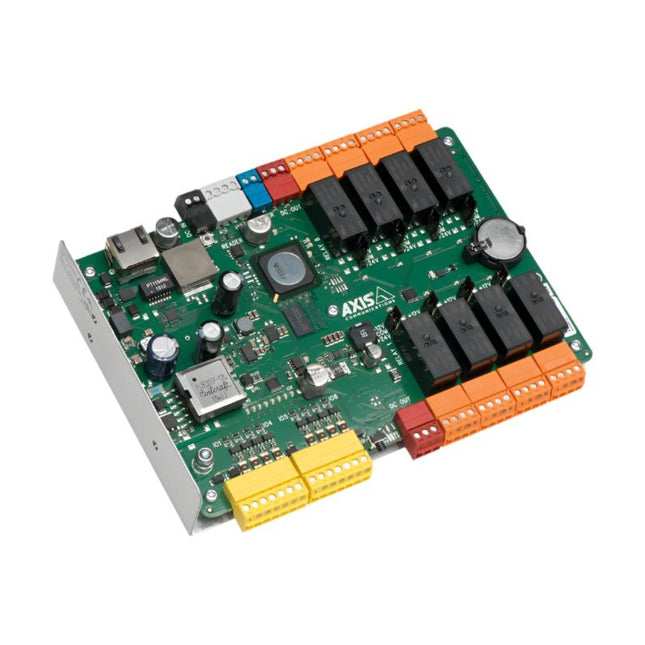 Front profile of the AXIS A9188 network I/O relay module inside its compact protective white enclosure, featuring 8 form C relays and 8 configurable I/O ports.