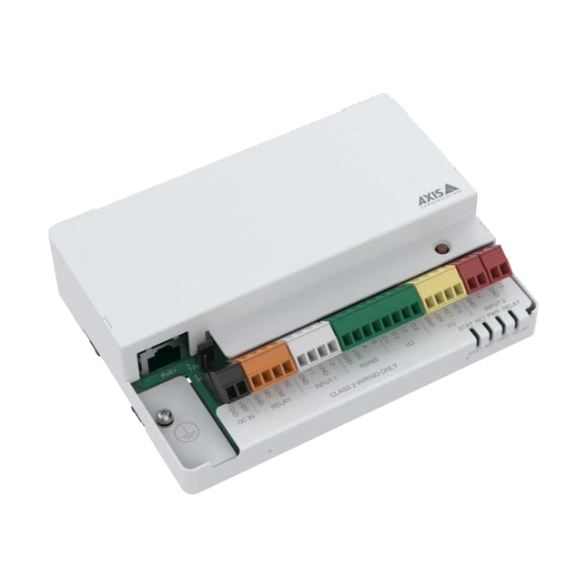 Detailed view of the internal AXIS A9210 circuit board, highlighting the detachable color-coded terminal blocks for 5 digital inputs, 3 outputs, and 2 configurable I/Os.