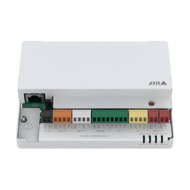 Front profile of the AXIS A9210 network I/O relay module inside its slim white steel enclosure, featuring 10 supervised I/O ports and 1 Form C relay.