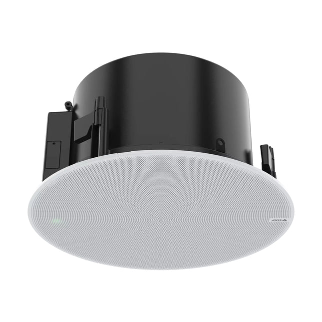 Front view of the white AXIS C1210-E network ceiling speaker showing its round flush-mount grille design.