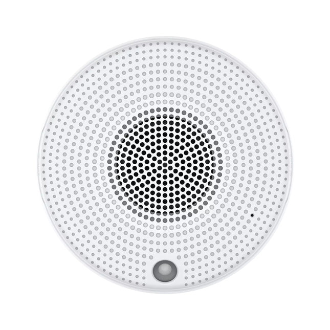AXIS C1410 Mk II indoor network mini speaker in a white round ceiling and wall-mountable casing.