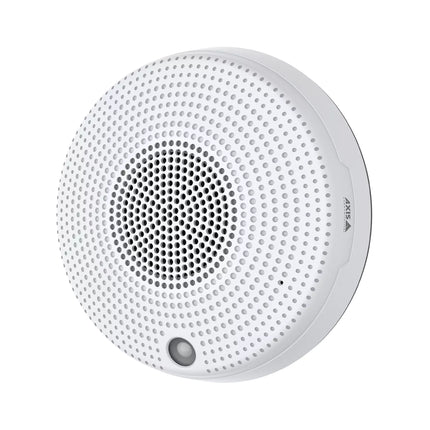Close-up view of the AXIS C1410 Mk II speaker grille showing the integrated PIR motion sensor and microphone.