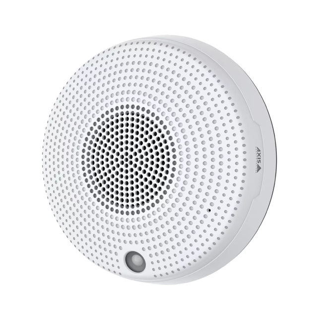 Close-up view of the AXIS C1410 Mk II speaker grille showing the integrated PIR motion sensor and microphone.