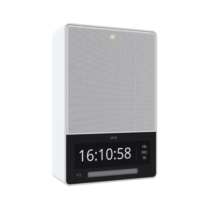 Close-up of the AXIS C1710 8.8-inch full-color LCD display and integrated RGBW visual alert strobe light strip.