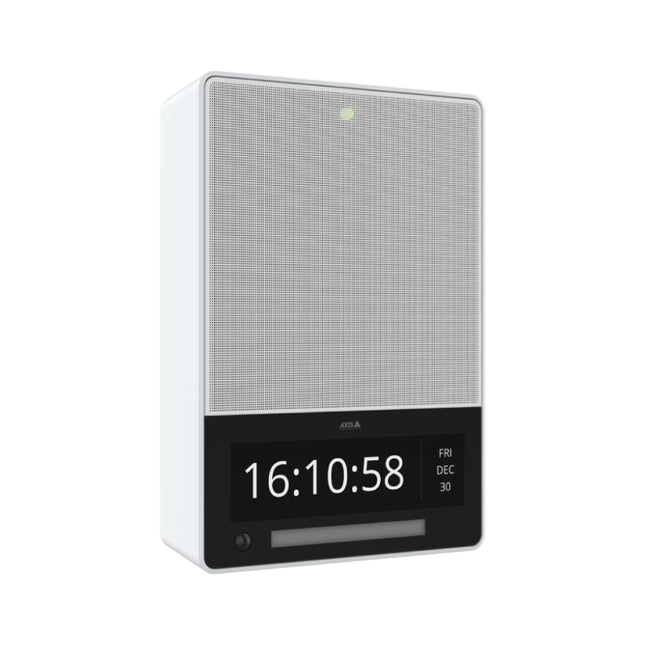 Close-up of the AXIS C1710 8.8-inch full-color LCD display and integrated RGBW visual alert strobe light strip.