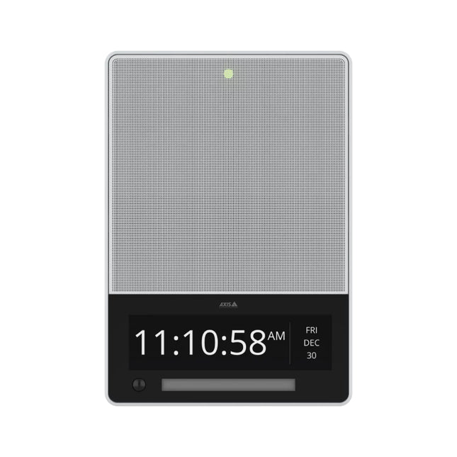 AXIS C1710 wall-mounted 3-in-1 network display speaker featuring full-color LCD screen, speaker, and LED strobe light.