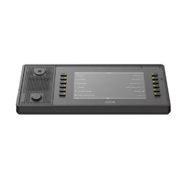AXIS C6110 network audio micro-console showing front interface, compact form factor, and status LED indicators.