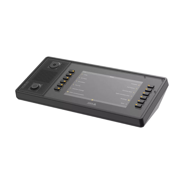 Web-configurable 7-inch screen on the AXIS C6110 showing audio zone selection menus and live video feed support.