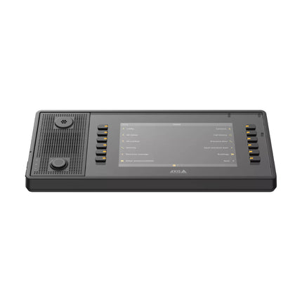 AXIS C6110 4K network paging console featuring a 7-inch color LCD display, push-to-talk button, and 12 programmable soft keys in a sleek black housing.
