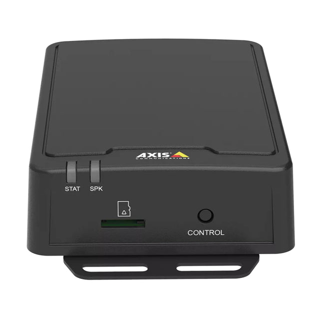 Detailed view of AXIS C8210 8-ohm speaker terminal block connections and I/O ports.