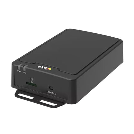 AXIS C8210 Network Audio Amplifier compact black chassis front view showing status LED indicators and connectivity ports.