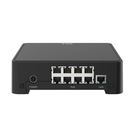 Side perspective view of the compact AXIS S3008 Mk II 8-channel PoE recorder for IP security systems.