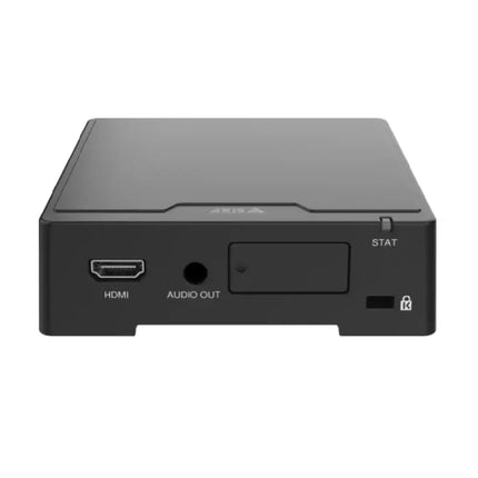 Front view of the compact AXIS D1110 4K Video Decoder showcasing the streamlined micro-form factor design for professional public view monitors.