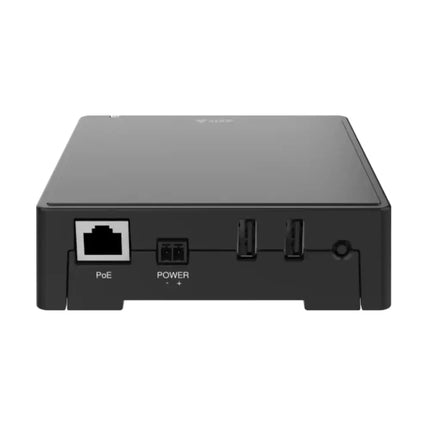 Rear IO connectivity view of the AXIS D1110 showing HDMI output, audio line-out, and PoE network port interfaces.