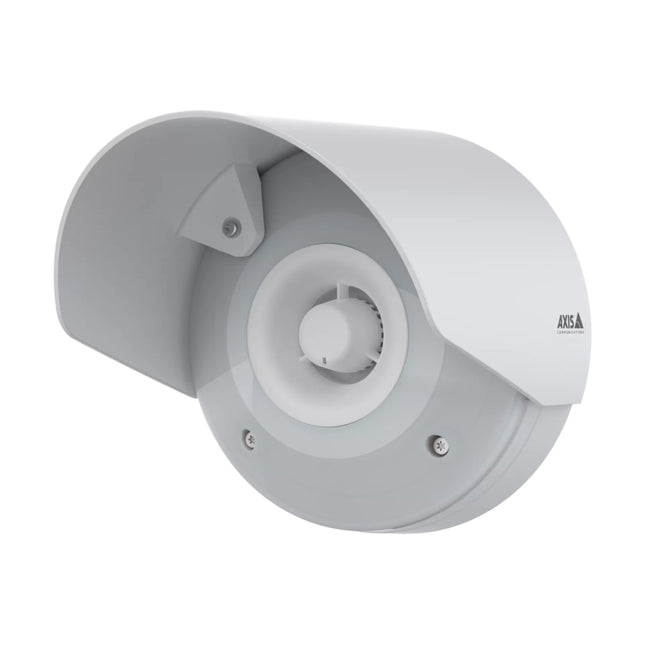 Close-up view of the AXIS D4100-VE Mk II integrated RGBA flash strobe light and directional speaker grill.