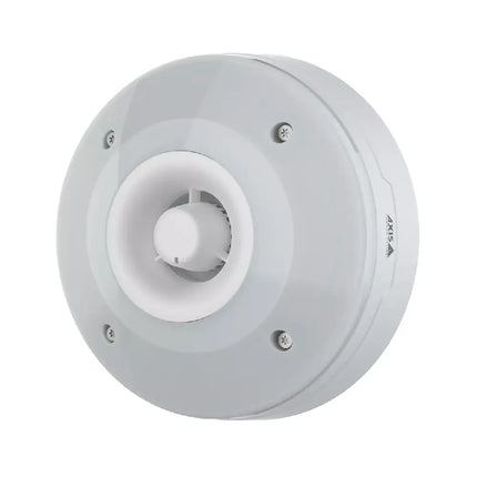 Front view of the AXIS D4100-VE Mk II Network Strobe Siren showing its robust white outdoor casing and RGBA LED light array.