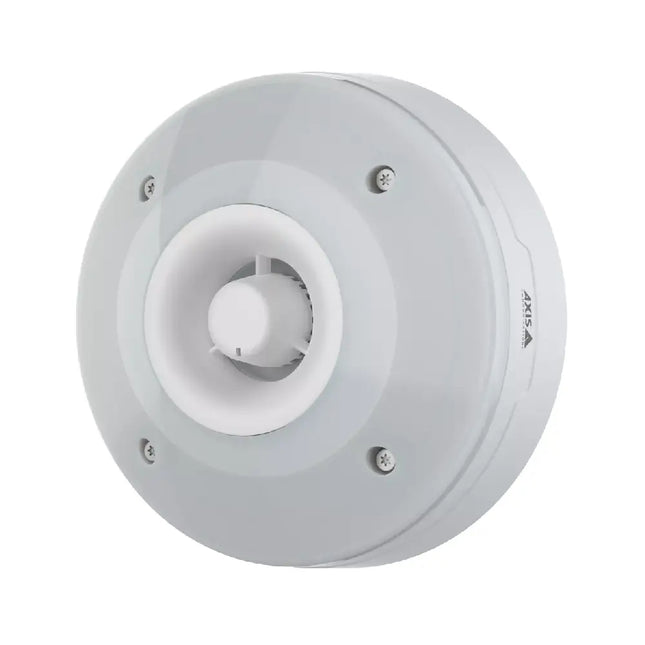 Front view of the AXIS D4100-VE Mk II Network Strobe Siren showing its robust white outdoor casing and RGBA LED light array.