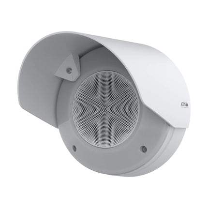 AXIS D4200-VE IP66 network strobe speaker mounted on a perimeter security pole alongside an IP surveillance camera.