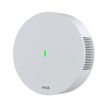 all-mounted AXIS D6210 sensor in a modern commercial office corridor monitoring environment metrics.