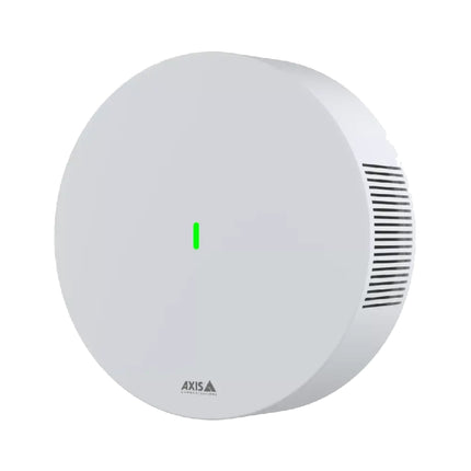 AXIS D6210 environmental air quality sensor in a white compact housing with status LED indicator.
