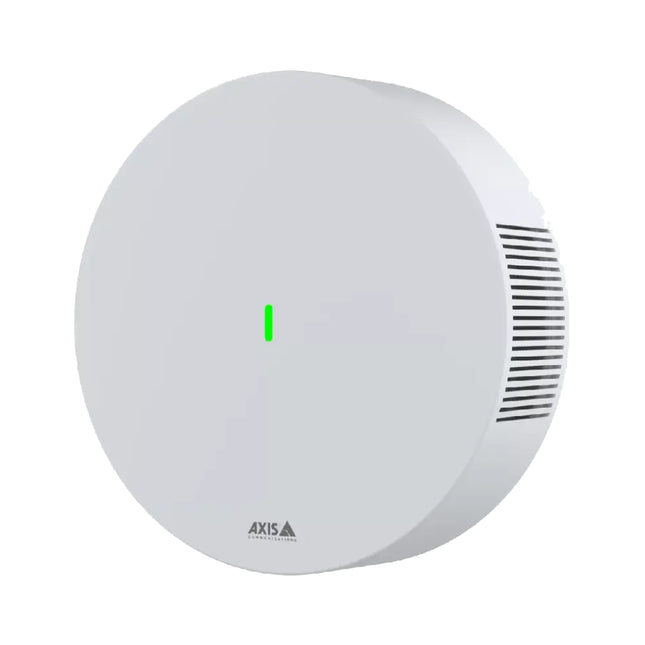 AXIS D6210 environmental air quality sensor in a white compact housing with status LED indicator.