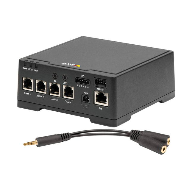 Top view of the AXIS F44 dual audio main unit showing the durable black metal casing and product label