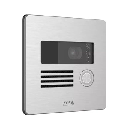 Secure commercial entrance featuring an installed AXIS I8016-LVE video intercom managing visitor access identification.