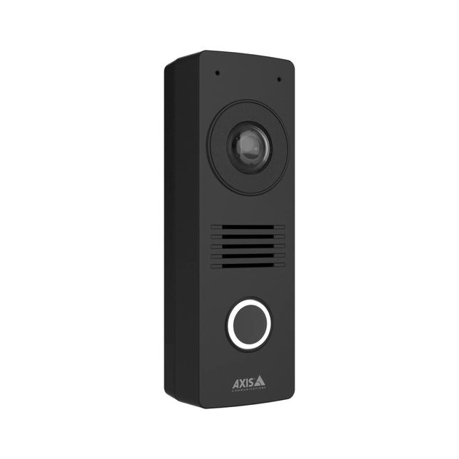 Close-up view of the AXIS I8116-E 162-degree wide-angle camera lens, dual noise-canceling microphones, and integrated speaker grille.