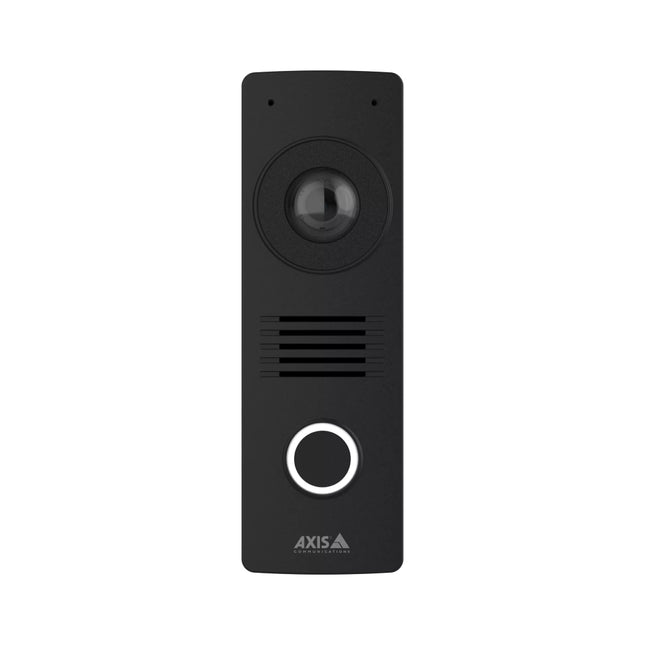 AXIS I8116-E compact 5MP network video intercom in a slim mullion form factor featuring wide-angle lens, microphone, call button, and speaker.