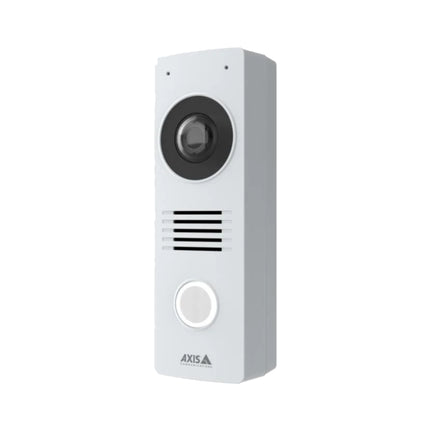 Axis I8116-E outdoor IP intercom mounted vertically on a narrow door frame, demonstrating its slim mullion design.