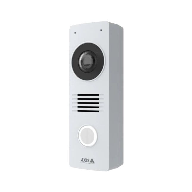 Axis I8116-E outdoor IP intercom mounted vertically on a narrow door frame, demonstrating its slim mullion design.