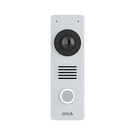 Axis I8116-E compact white network video intercom showing 5MP camera lens, call button, speaker, and dual microphone array.