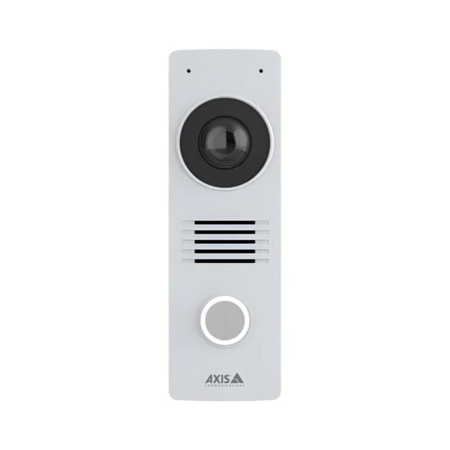 Axis I8116-E compact white network video intercom showing 5MP camera lens, call button, speaker, and dual microphone array.
