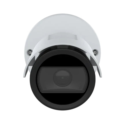 Front angle showing the 3.2mm fixed lens, built-in infrared LEDs, and black window bezel of the AXIS M2035-LE network camera.