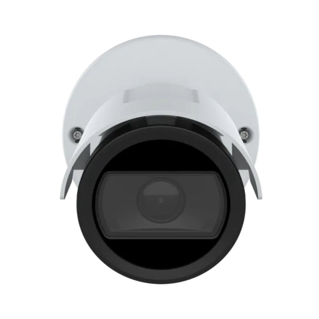 Front angle showing the 3.2mm fixed lens, built-in infrared LEDs, and black window bezel of the AXIS M2035-LE network camera.