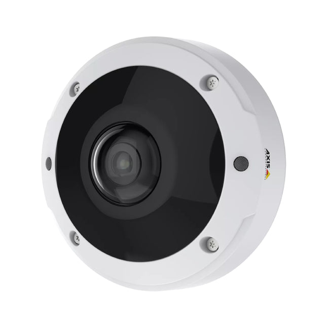 Diagram representation of the AXIS M3077-PLVE multi-stream output showing dewarped 180-degree quad views from a single 360-degree fisheye sensor