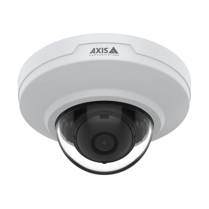 Front view of the ultra-compact white AXIS M3085-V indoor fixed mini dome camera showing its smooth cover and lens casing.