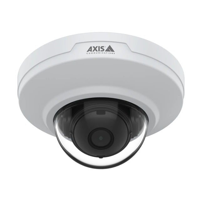 Front view of the ultra-compact white AXIS M3085-V indoor fixed mini dome camera showing its smooth cover and lens casing.