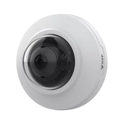 Close-up view of the AXIS M3088-V 8MP camera housing showing the twist-on bayonet casing, fixed iris lens, and IK08 impact-resistant dome