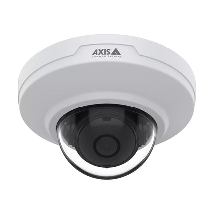 Front view of the white AXIS M3088-V 8MP indoor mini dome camera featuring a clear optical cover and factory-focused 2.9mm lens