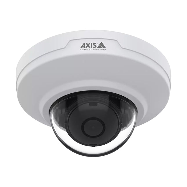 Front view of the white AXIS M3088-V 8MP indoor mini dome camera featuring a clear optical cover and factory-focused 2.9mm lens