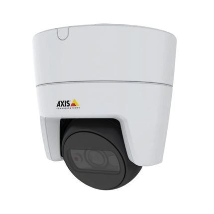Close-up view of the AXIS M3115-LVE camera face highlighting the flat anti-reflective optical cover, 2.8mm fixed lens, and integrated IR LEDs